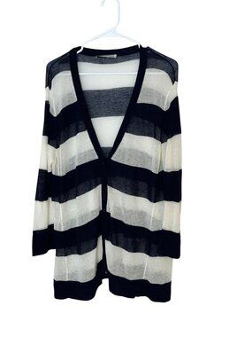 Autumn Cashmere Womens LInen Striped Cardigan BLue & White LIghtweight Large